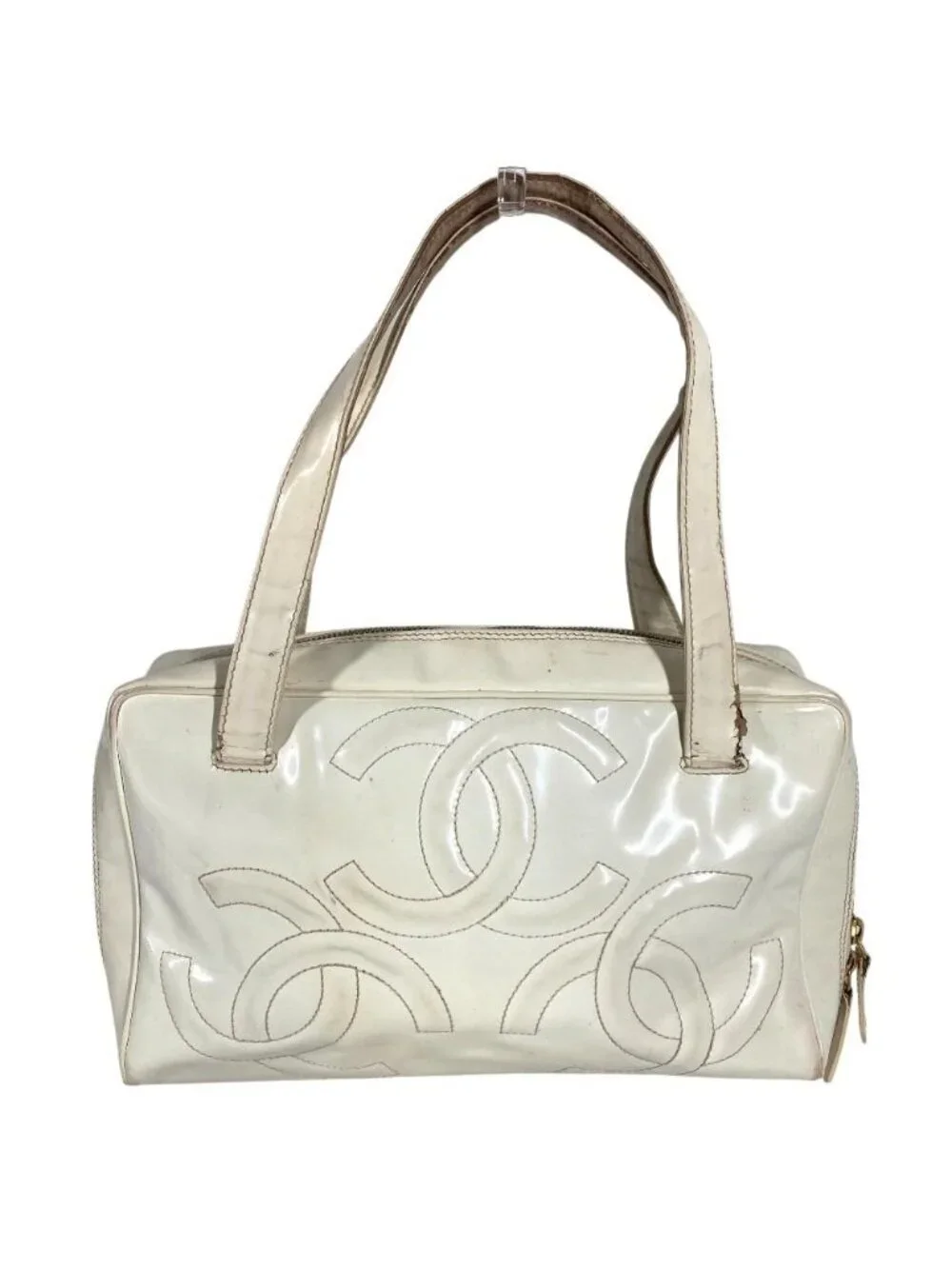 Chanel Shoulder Bag Logo Triple Coco CC Enamel White